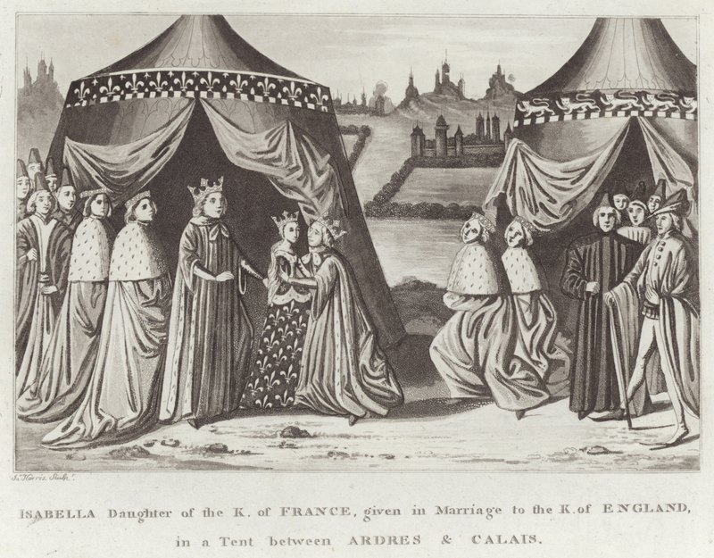 Isabella dotter till K. av Frankrike, given i äktenskap med K. av England, i ett tält mellan Ardres och Calais av English School