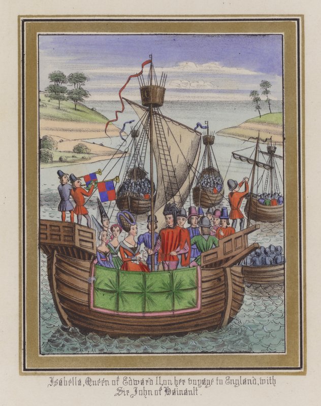 Isabella, drottning av Edward II, på sin resa till England, med Sir John De Hainault (färgad gravyr) av English School