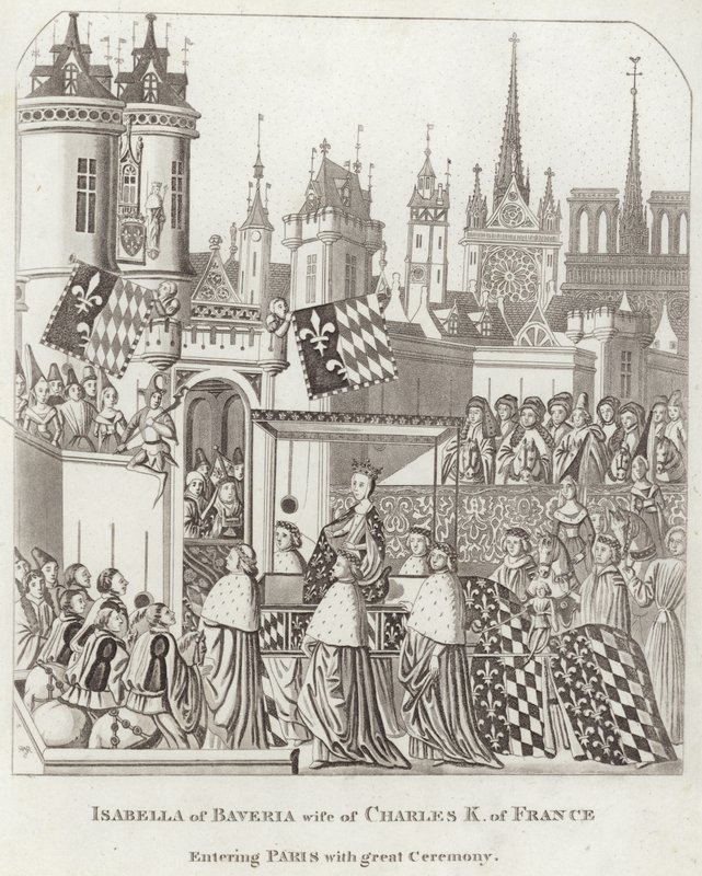 Isabella av Bayern, hustru till Charles K. av Frankrike på väg in i Paris med stor ceremoni av English School