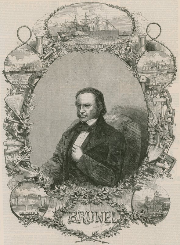 Isambard Kingdom Brunel omgiven av några av sina prestationer av English School