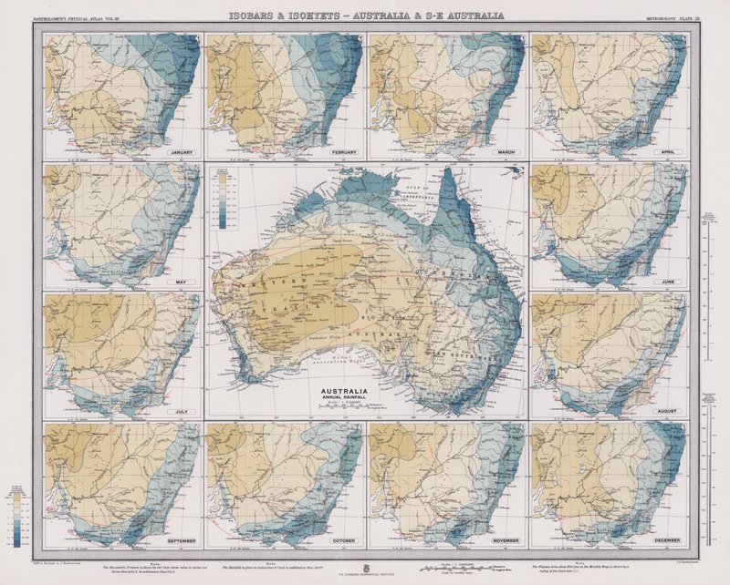 Isobarer och isohyeter, Australien och sydöstra Australien (färglitografi) av English School
