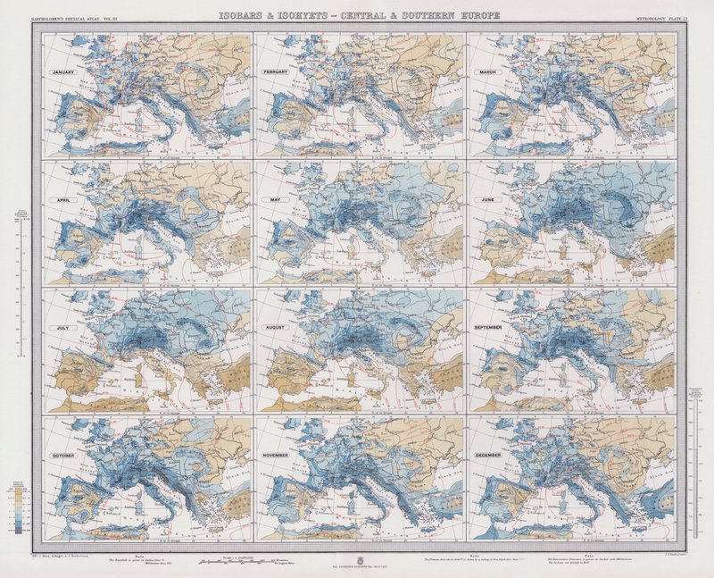 Isobarer och Isohyets, Central- och Sydeuropa (färg litho) av English School