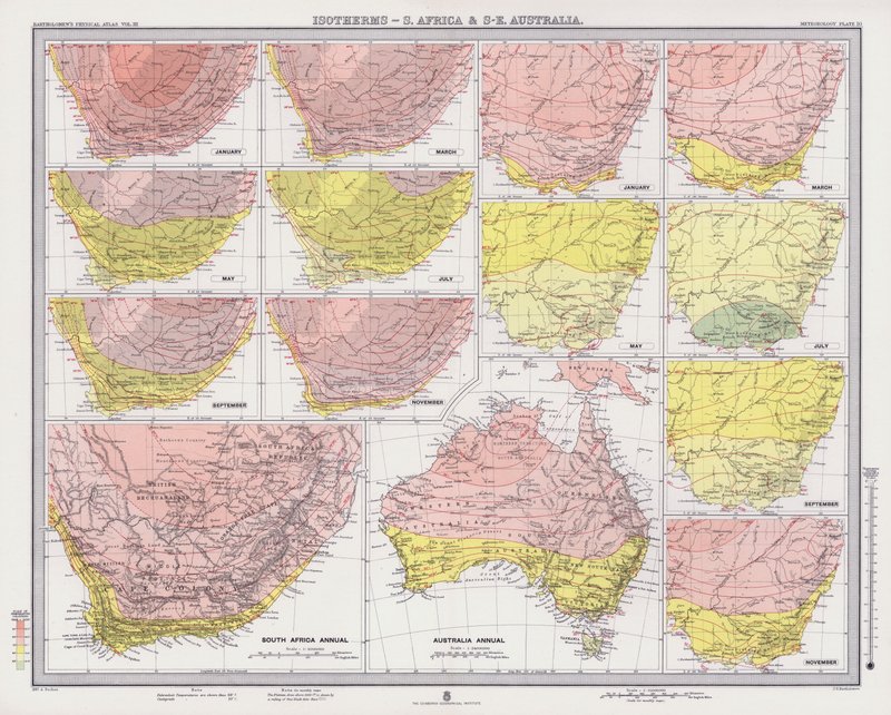 Isotermer, Sydafrika och Sydöstra Australien (färg litho) av English School
