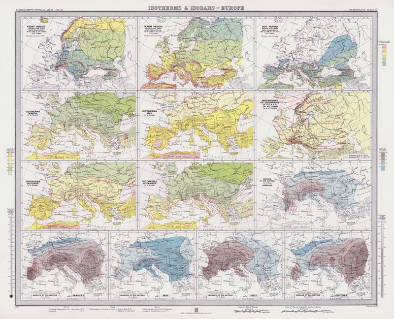 Isotermer och isobarer, Europa (färglitografi) av English School