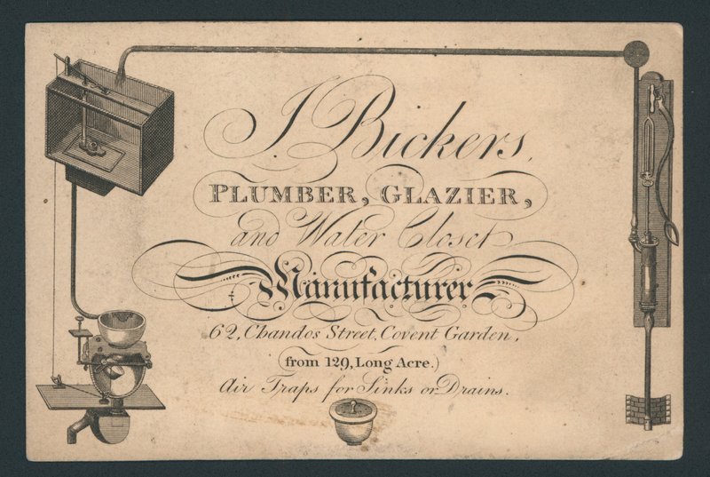 J Bickers, rörmokare, glasmästare och tillverkare av vattenklosett, 62 Chandos Street, Covent Garden, handelskort av English School