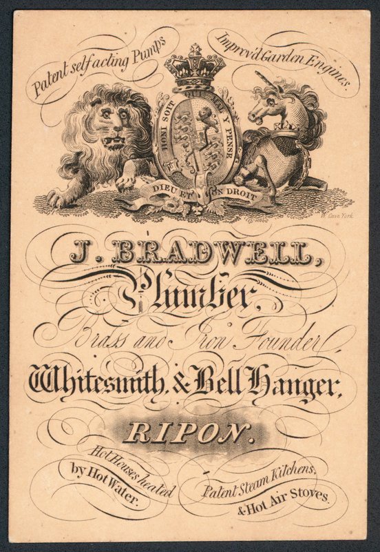 J Bradwell, rörmokare, mässings- och järngrundare, smed och klockhängare, handelskort av English School