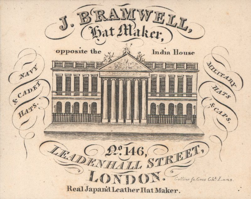 J Branwell, hattmakare, 146 Leadenhall Street, handelskort av English School