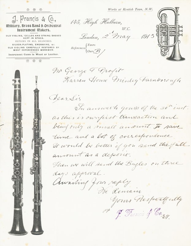 J Francis & Co, militär-, blåsorkester- och orkesterinstrumentmakare av English School