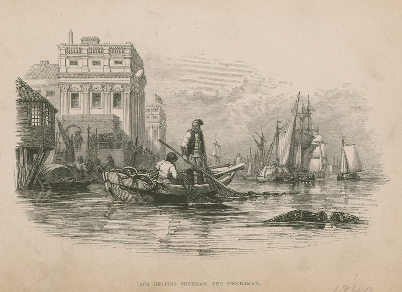 Jack hjälper Freeman the Fisherman; illustration från Poor Jack av Frederick Marryat av English School