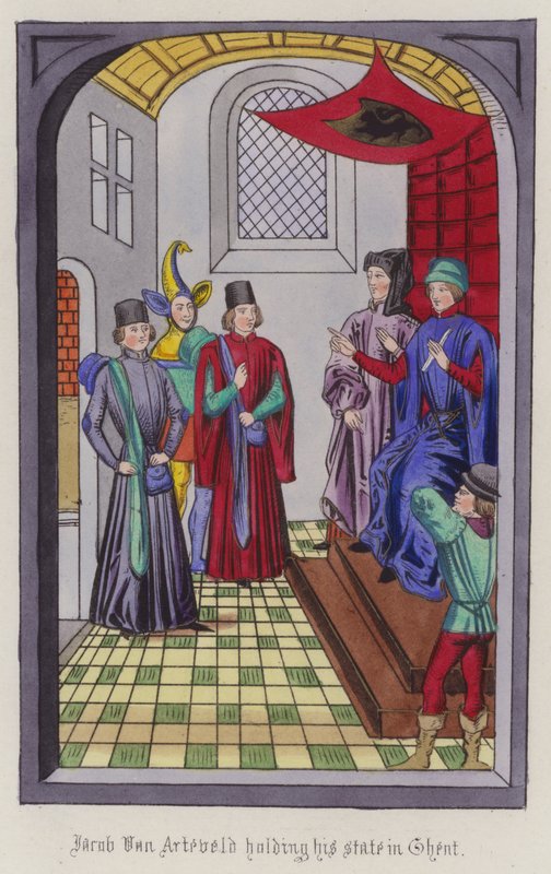 Jacob Von Artaveld håller sin stat i Gent (färgad gravyr) av English School