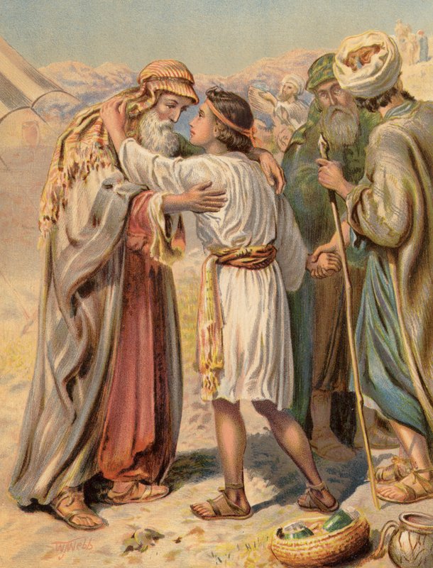 Jakob skiljer sig från Benjamin, Genesis, XLIII (färg litho) av English School