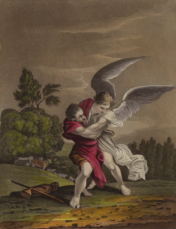 Jakob brottas med en ängel (färg litho) av English School