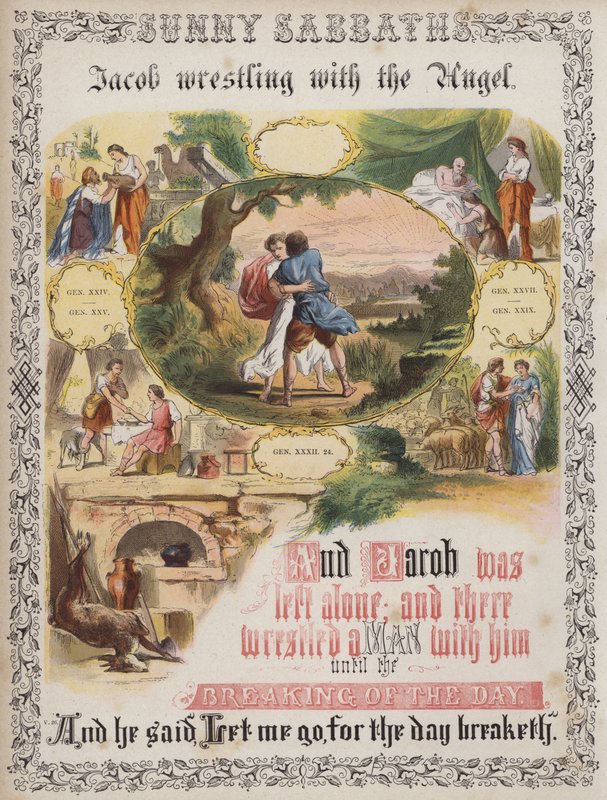 Jakob brottas med ängeln (färgad gravyr) av English School