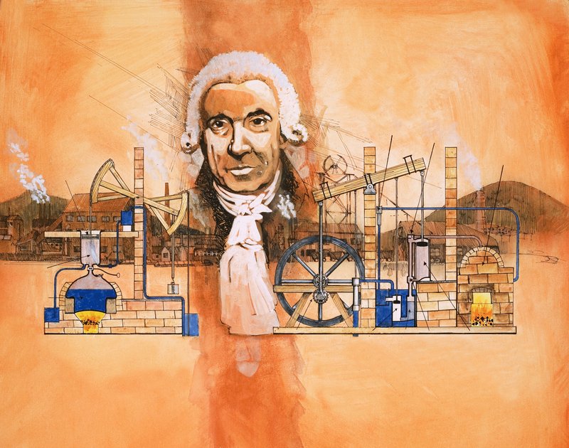 James Watt med ugnar och mekaniska pumpar i bakgrunden av English School