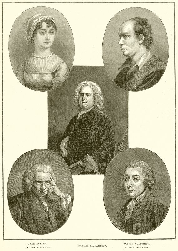 Jane Austen, Laurence Stern, Samuel Richardson, Oliver Goldsmith, Tobias Smollett av English School
