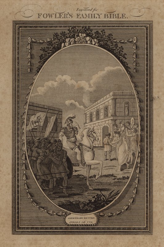 Jeftas återkomst, domare, kapitel 11, vers 34 (gravyr) av English School