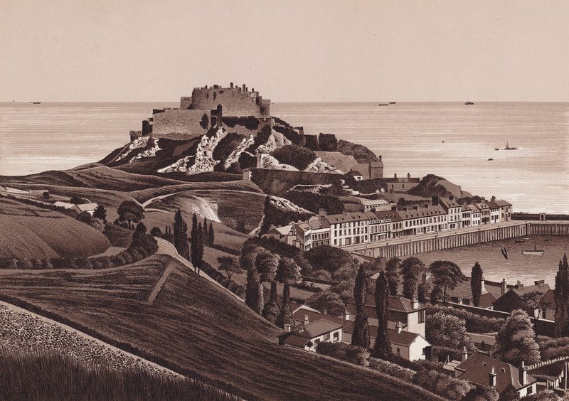 Jersey, Chanelöarna: Mount Orgueil Castle och Gorey Harbour (litografi) av English School