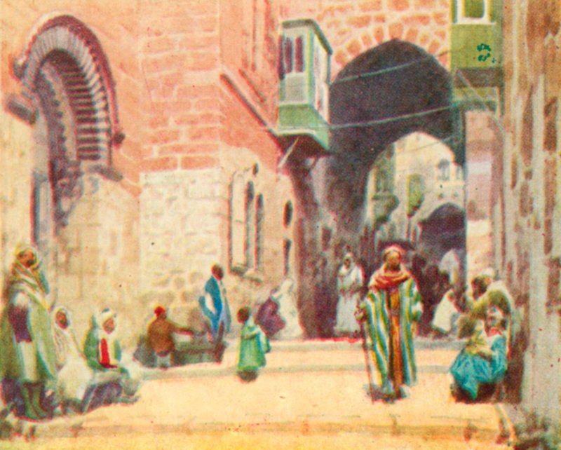Jerusalem, en gatuscen (färglitografi) av English School