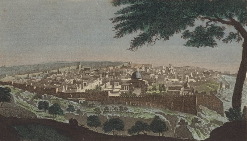 Jerusalem från Josofats dal (färgad gravyr) av English School