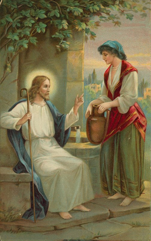 Jesus Kristus och kvinnan från Samaria (chromolitho) av English School