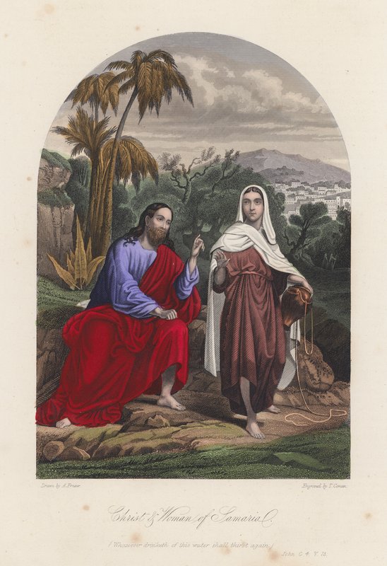 Jesus Kristus och kvinnan från Samaria (kolorerad gravyr) av English School