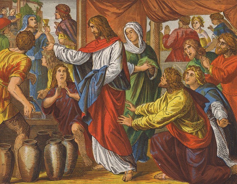 Jesus Kristus och bröllopet i Kana (färglitografi) av English School