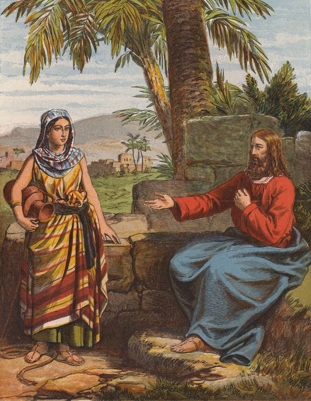Jesus Kristus och kvinnan från Samaria (färglitografi) av English School