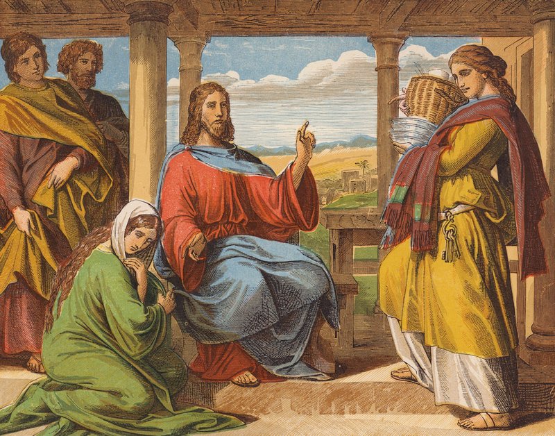 Jesus Kristus i Marthas och Marias hus (färglitografi) av English School