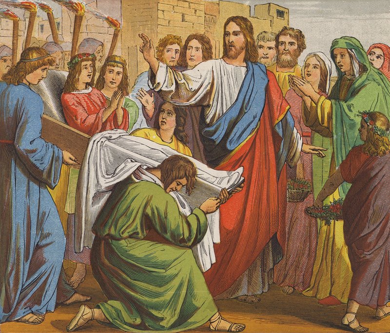 Jesus Kristus uppväcker sonen till änkan i Nain (färglitografi) av English School