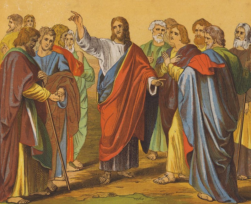 Jesus Kristus sänder ut de tolv apostlarna (färglitografi) av English School