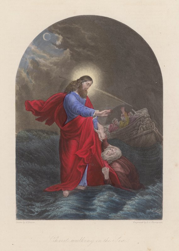 Jesus Kristus vandrar på Galileiska sjön (kolorerad gravyr) av English School