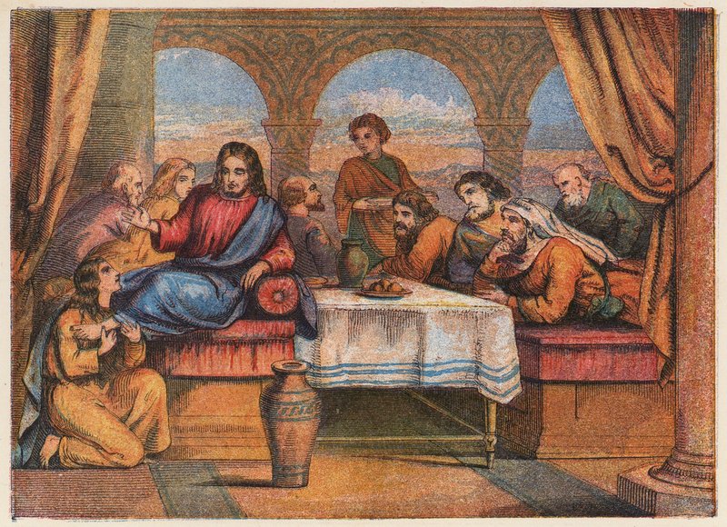 Jesus Kristus med sina lärjungar och Maria Magdalena (färglitografi) av English School
