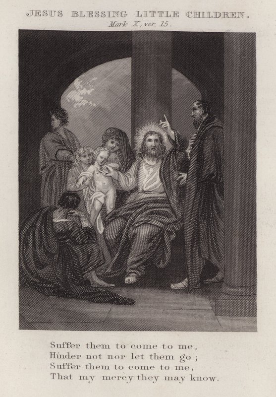 Jesus välsignar små barn, Mark X, ver 15 (gravyr) av English School