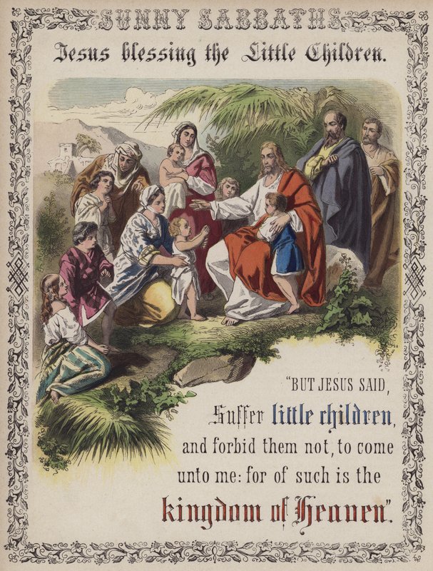 Jesus välsignar de små barnen (färgad gravyr) av English School