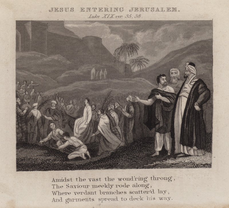 Jesus går in i Jerusalem, Lukas XIX, ver 35, 38 (gravyr) av English School