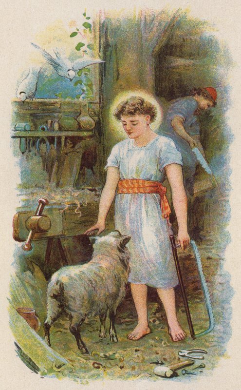 Jesus i snickarverkstaden (färglitografi) av English School