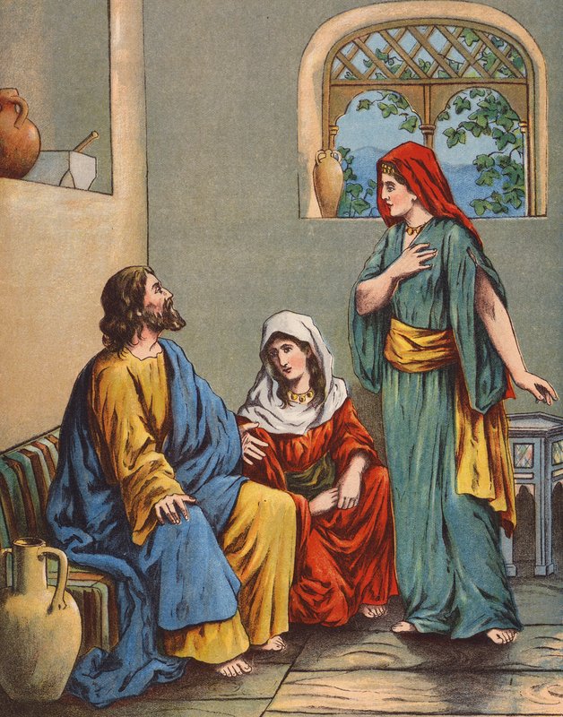 Jesus i Marthas och Marias hus (färglitografi) av English School