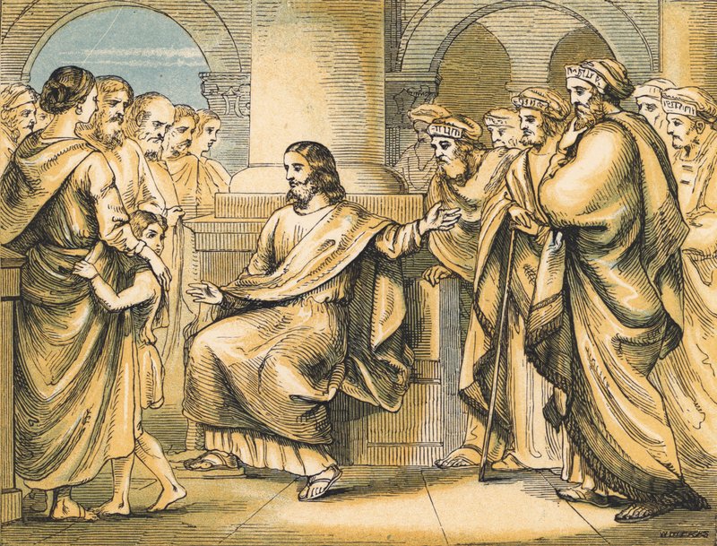 Jesus tillrättavisar de skriftlärda och fariséerna (färgad gravyr) av English School