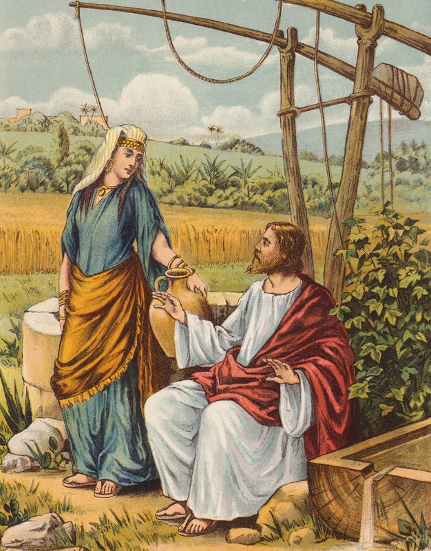 Jesus samtalar med kvinnan från Samaria (färglitografi) av English School
