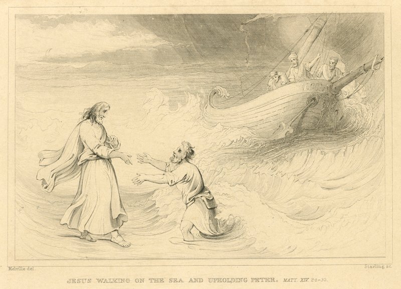 Jesus går på havet och upprätthåller Petrus, Matteus XIV, 24-33 (gravyr) av English School
