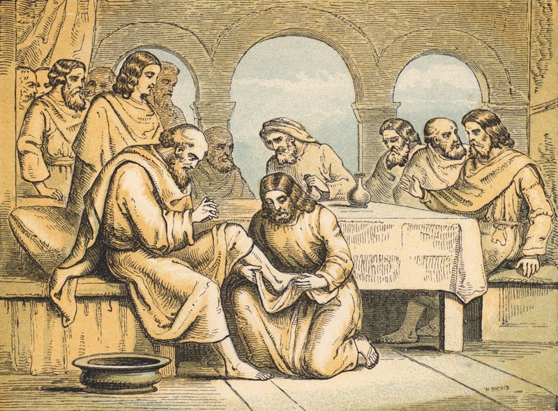 Jesus tvättar sina lärjungars fötter (färgad gravyr) av English School