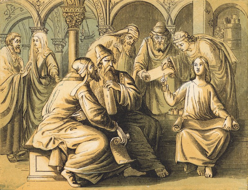 Jesus med läkarna (färgad gravyr) av English School