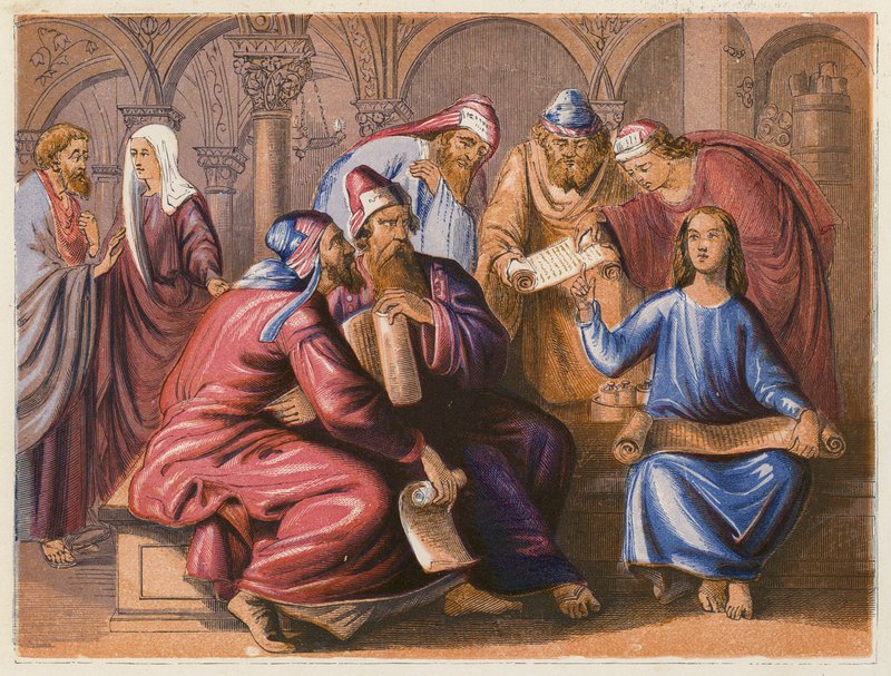 Jesus med läkarna (färglitografi) av English School