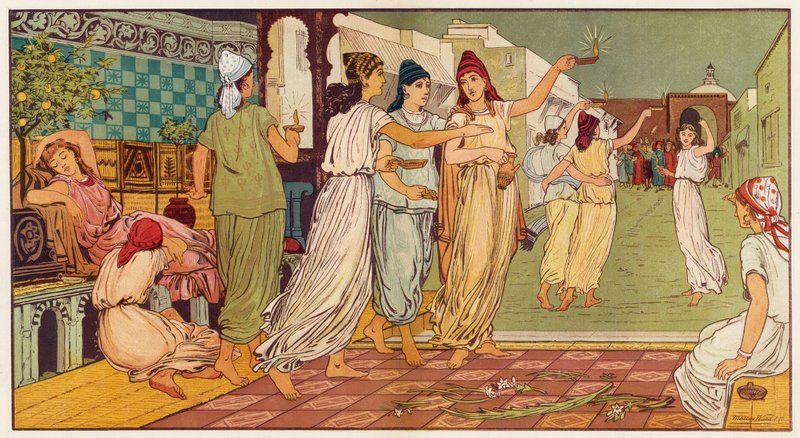 Jesu liknelser: De tio jungfrurna (färg litho) av English School