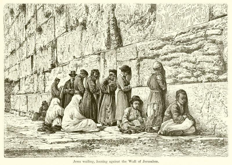 Judar som klagar och lutar sig mot Jerusalems mur av English School