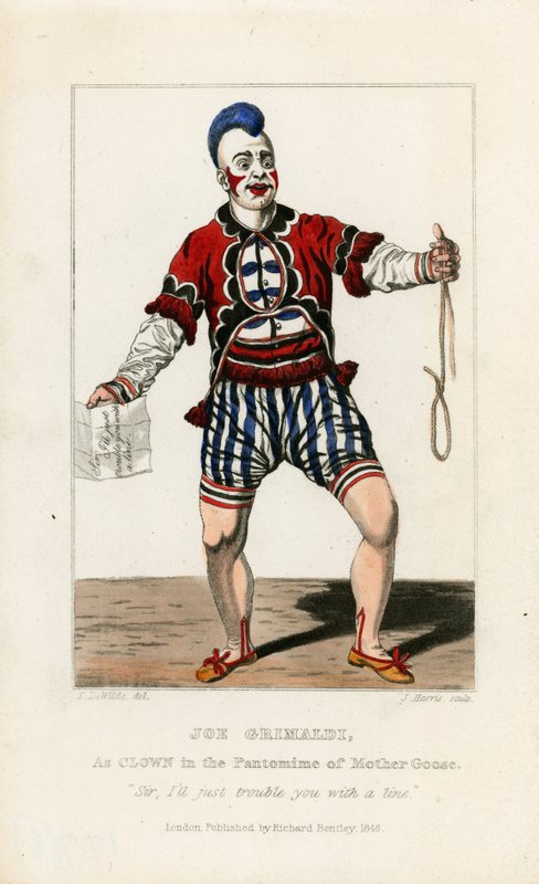 Joe Grimaldi, som clown i pantomimen av Mother Goose av English School
