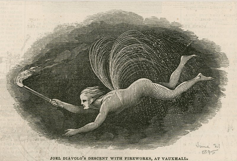 Joel Diabolos nedstigning med fyrverkerier på Vauxhall Gardens, London av English School