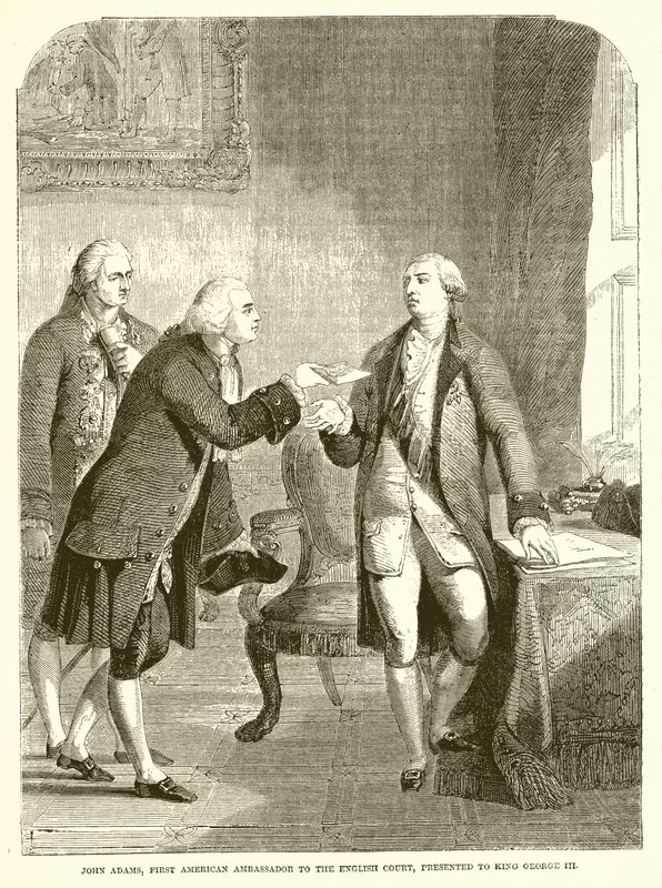 John Adams, första amerikanska ambassadören vid det engelska hovet, presenterade för kung George III av English School