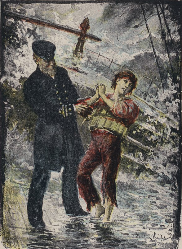 John Alexander Strachan, kapten på ångfartyget Cyprian, gav sin flytväst till en ung fripassagerare innan fartyget förliste i en storm utanför den walesiska kusten 1881 (färg litho) av English School
