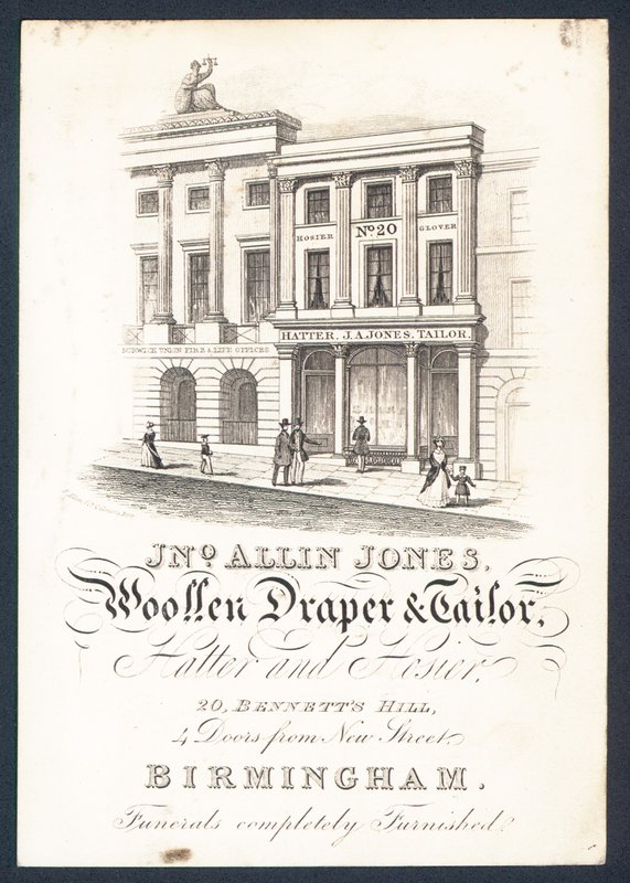 John Allin Jones, ylledraper och skräddare, hattmakare och strumpor, handelskort av English School